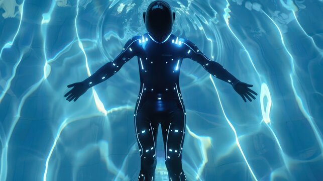 A futuristic swimsuit with embedded sensors that track swimming performance and provide feedback via a connected app