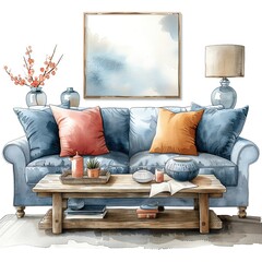 Cozy living room with modern decor, featuring a blue sofa, colorful cushions, wooden coffee table, and stylish wall art.