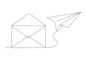 Continuous single line sketch drawing of envelope mail with flying paper plane sending letter and email message concept one line art vector illustration