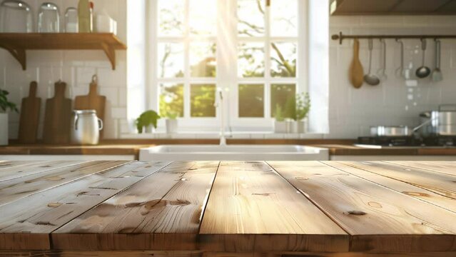 Wood table top on blur kitchen counter room background, for montage product display or design key visual layout, template