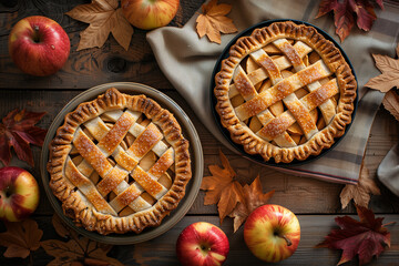 Two Apple Pies on Wooden Table With Fall Foliage