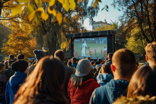 A public viewing party in a park, with a crowd gathered around a large screen, reacting with enthusiasm and excitement to a sports event, showcasing community spirit