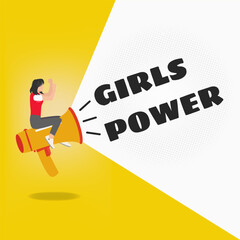Girl sitting on the megaphone shouted girls power design vector illustration