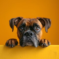 Obraz premium Adorable brown dog with a curious expression, peeking over a yellow surface against an orange background. Perfect for pet and animal themes.
