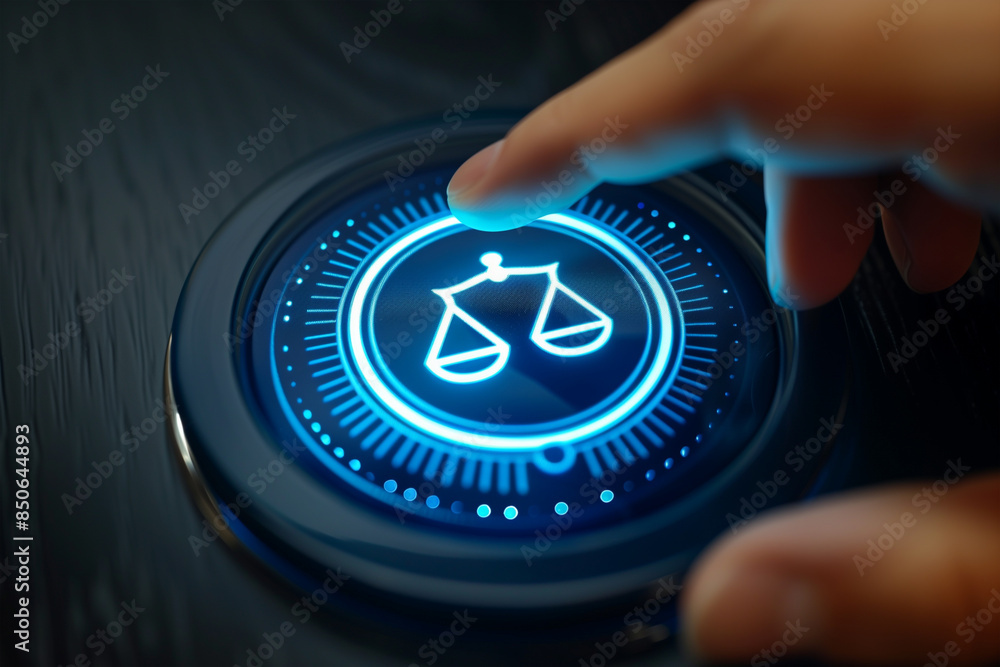 Poster a finger activating a digital scale of justice icon on a dark surface