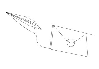 Continuous single line sketch drawing of envelope mail with flying paper plane sending letter and email message concept one line art vector illustration
