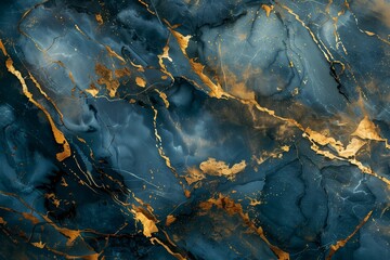 Abstract blue and gold marble texture with intricate veining and shimmering details.