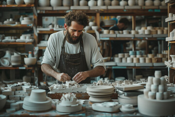 Bearded Craftsman Working on Ceramic Projects in Workshop