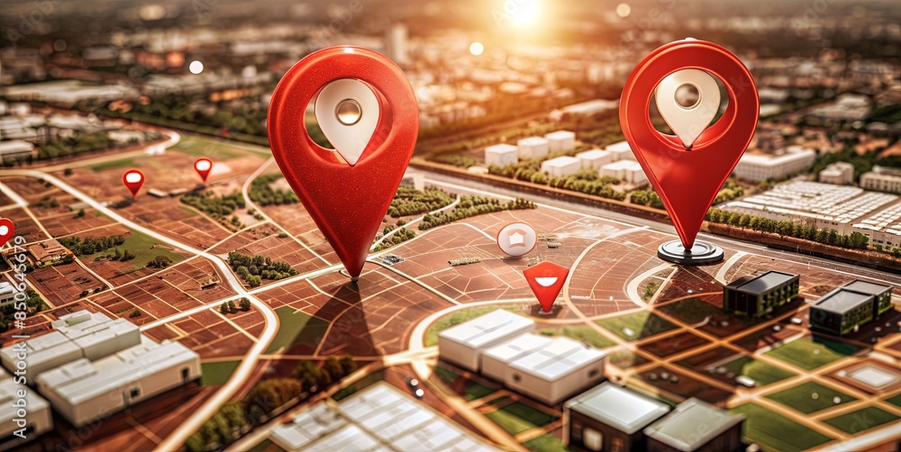 Poster two red pins on a map of a city, one pointing to a building