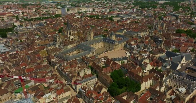 Aerial view around the town Dijon. Flight through the historic center of Dijon, the capital of Burgundy. Ancient hotels of the Middle Ages have been preserved to this day. French culture