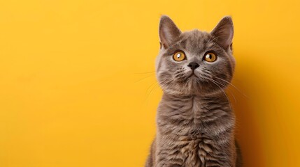 Obraz premium Adorable gray cat with bright yellow eyes sitting against a vibrant yellow background, looking curiously into the distance. Perfect for pet lovers.