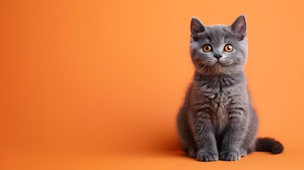 Obraz premium Adorable grey kitten sitting on orange background. Perfect for pet lovers and animal-themed designs.