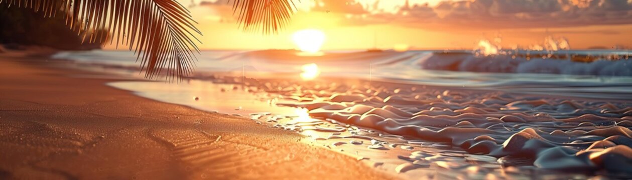 A beautiful sunset beach scene with soft waves and palm frond shadows on the sand The tranquil setting and ample copy space make it suitable for summer