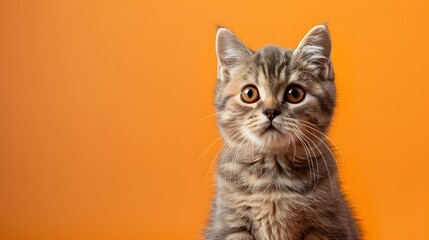 Adorable tabby kitten with wide eyes sitting against an orange background. Perfect for cute and charming animal-themed projects.