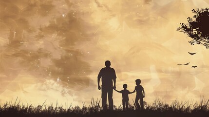 Fototapeta premium Silhouette of a Father and Two Sons at Sunset