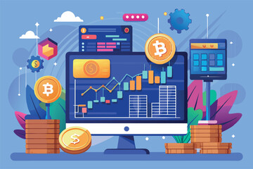 a computer monitor that displays a bar chart with rising values next to the Bitcoin and U.S. dollar symbols. This indicates a connection to cryptocurrency trading or market analysis.