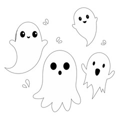 A cute group of five cartoon-style ghosts is floating