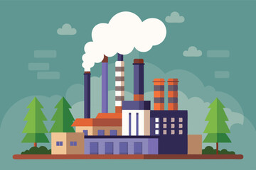 industrial site, includes a large building, tall chimneys with white smoke coming out of them. theme of economic development, but also raises concerns about pollution.