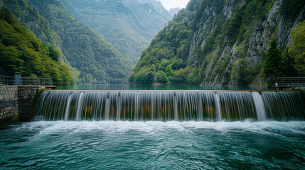 A serene mountain river waterfall flowing through a lush forest, surrounded by rocky cliffs and...