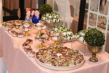 table with sweets, room interior, candy table, flower decoration, decorated table, table setting, birthday party, ballroom, cake table, cake and candy table
