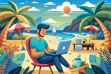 Fototapeta premium Image of a man sitting on a chair and using a laptop computer. The setting is a tropical beach with palm trees, sand and ocean. Themes of remote work, vacation, relaxation
