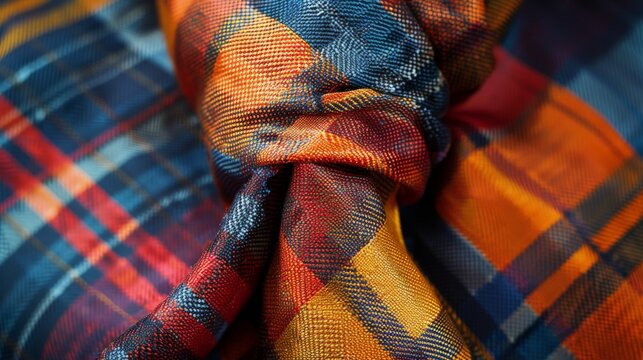Detailed portrait of a Martiniquan madras head tie, showcasing the bright, checkered pattern and elegant knotting --ar 16:9 Job ID: bff776e7-79e0-4343-a5d6-fad44a21736a