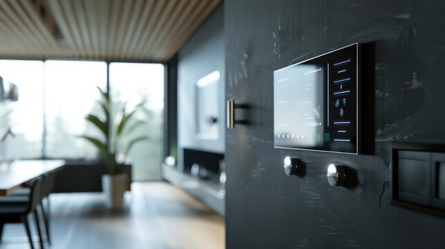 A sleek, wallmounted control panel in a minimalist interior, managing home systems through a holographic display