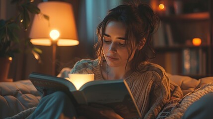 A woman is seen reading a book while having her morning coffee in a cozy living room. The atmosphere is relaxed and peaceful, with soft lighting creating a warm ambiance. This moment captures the