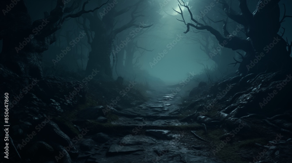 Wall mural mysterious forest with a moonlit path fog and a halloween backdrop hint. - Wall murals