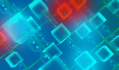 Blockchain technology symbolizes artificial intelligence with cubes and chains. This perfect row of blue cubes demonstrates harmonious order, ideal as a structured background with a smooth texture. 3D