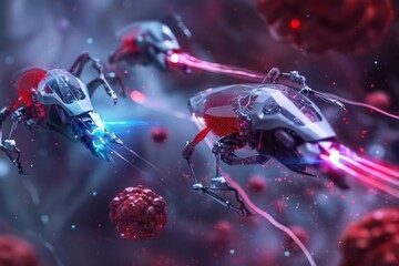 Advanced nanobots navigating through a bloodstream, repairing damaged tissues and delivering targeted medication