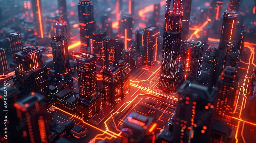 Poster backdrop of modern urban architecture, intertwined with abstract technology network elements