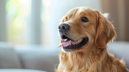 Close-up portrait of a happy Golden Retriever dog indoors, showcasing its friendly expression and beautiful golden fur in natural light.