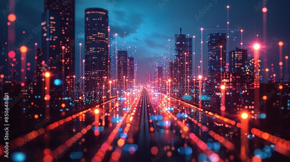 Poster backdrop of modern urban architecture, intertwined with abstract technology network elements