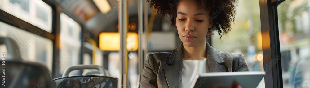 Poster professional woman preparing for presentation using tablet while commuting on bus