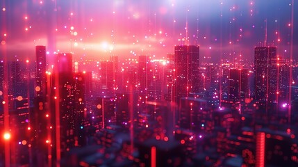 backdrop of modern urban architecture, intertwined with abstract technology network elements