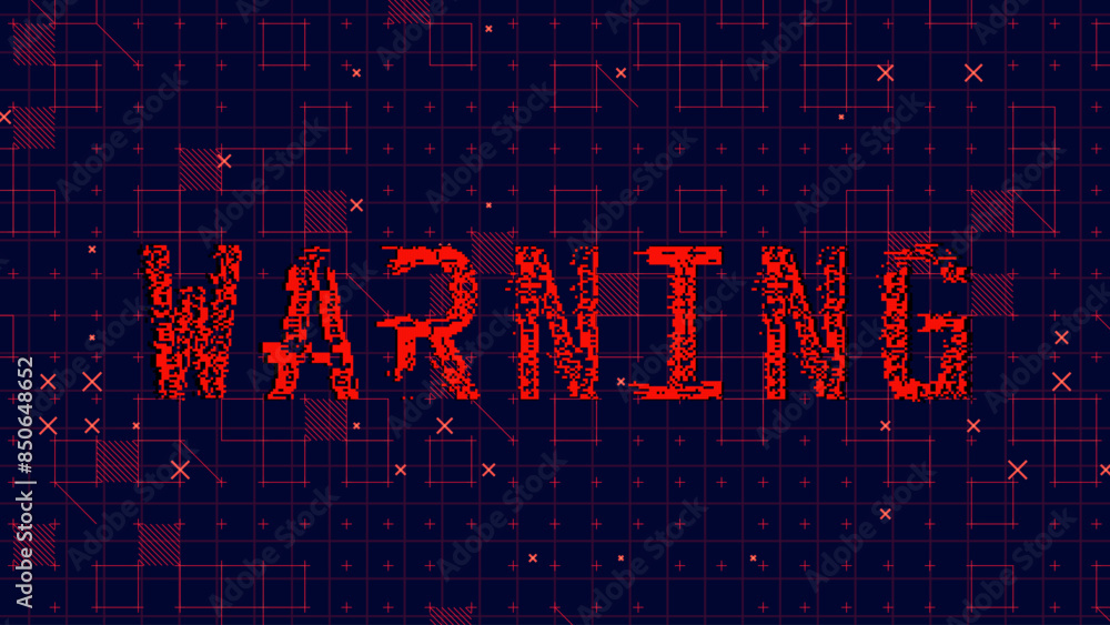 Aufkleber Warning Glitched Word. HUD Hologram Cyberpunk Style Banner. Neon Tech Warning Glitch Background. Design Element for Tech Cyber Security Event. Vector Illustration.