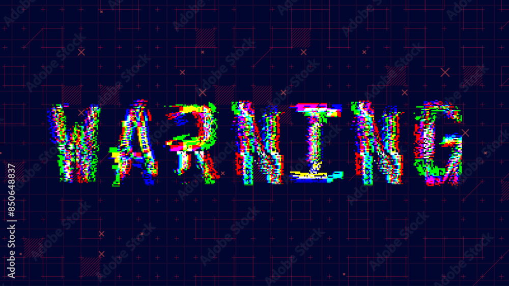 Leinwandbilder Warning Glitched Word. HUD Hologram Cyberpunk Style Banner. Neon Tech Warning Glitch Background. Design Element for Tech Cyber Security Event. Vector Illustration.