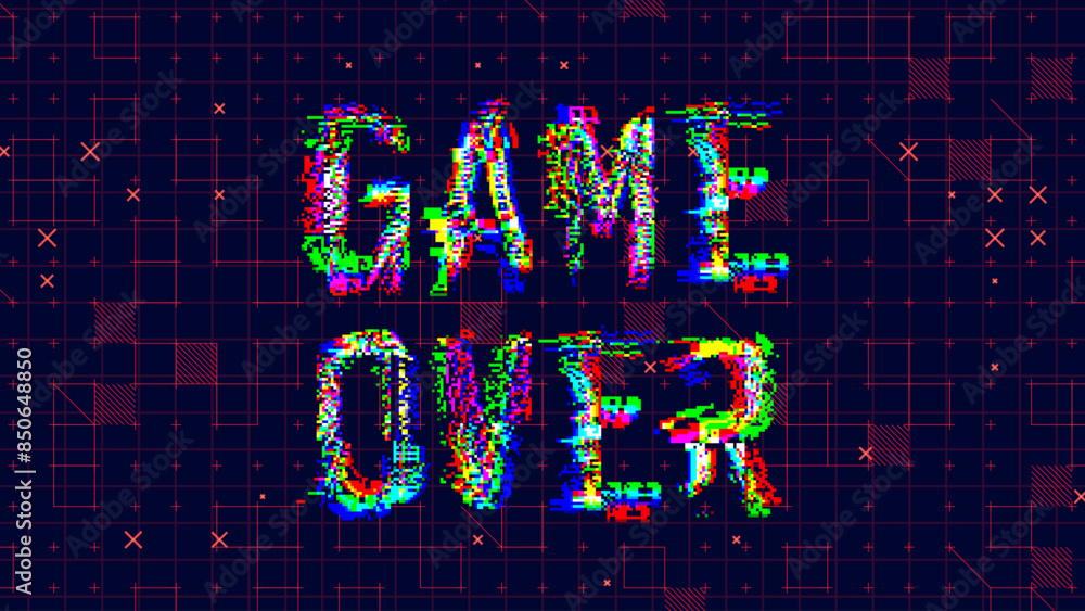 Aufkleber Game Over Glitched Word. HUD Hologram Cyberpunk Style Banner. Neon Tech Game Over Glitch Background. Design Element for Tech Gamers Event. Vector Illustration.
