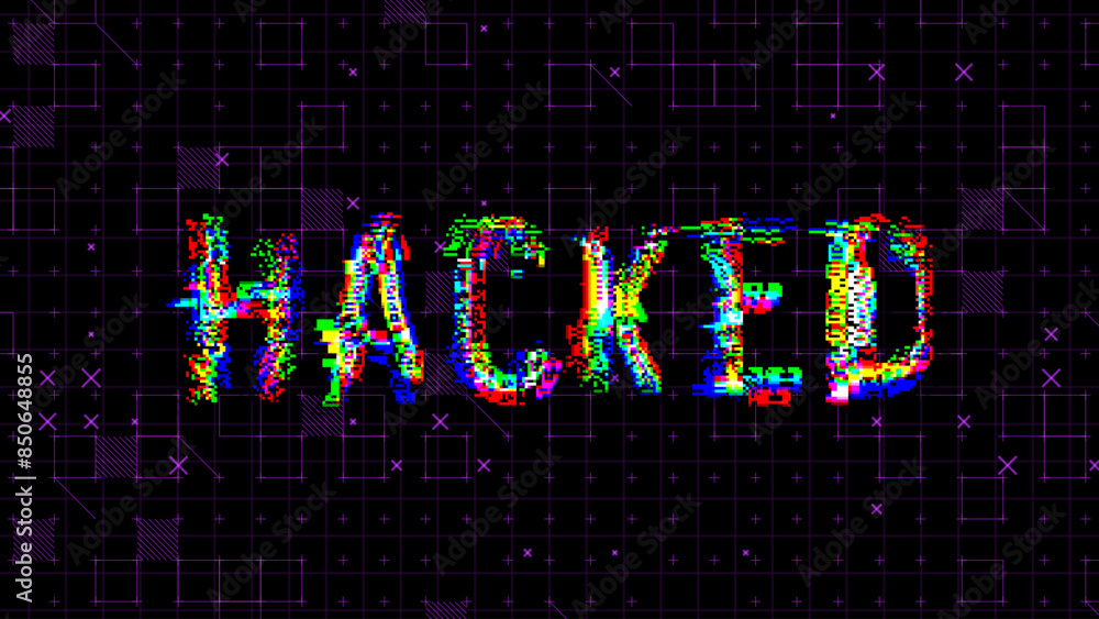 Aufkleber HACKED Glitched Word. HUD Hologram Cyberpunk Style Banner. Neon Tech HACKED Glitch Background. Design Element for Tech Cyber Security Event. Vector Illustration.