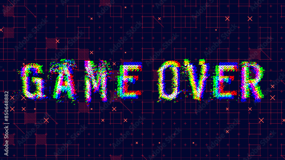 Poster Game Over Glitched Word. HUD Hologram Cyberpunk Style Banner. Neon Tech Game Over Glitch Background. Design Element for Tech Gamers Event. Vector Illustration.