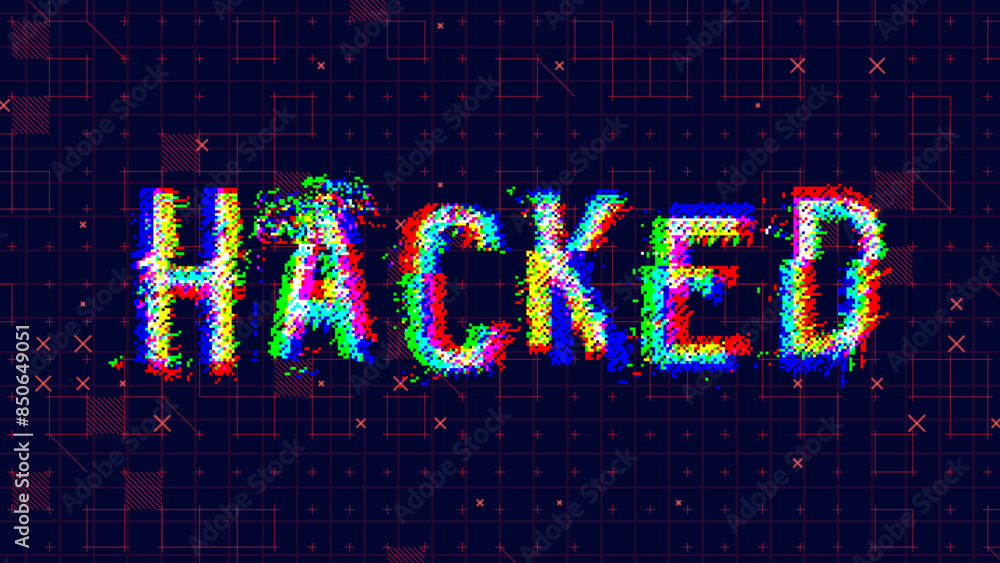 Aufkleber HACKED Glitched Word. HUD Hologram Cyberpunk Style Banner. Neon Tech HACKED Glitch Background. Design Element for Tech Cyber Security Event. Vector Illustration.