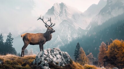 Majestic mountains with wild deer during day.