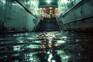 A haunting image of a deserted, water-filled subway entrance glistening under lights