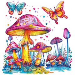 colorful mushrooms and cute butterflies