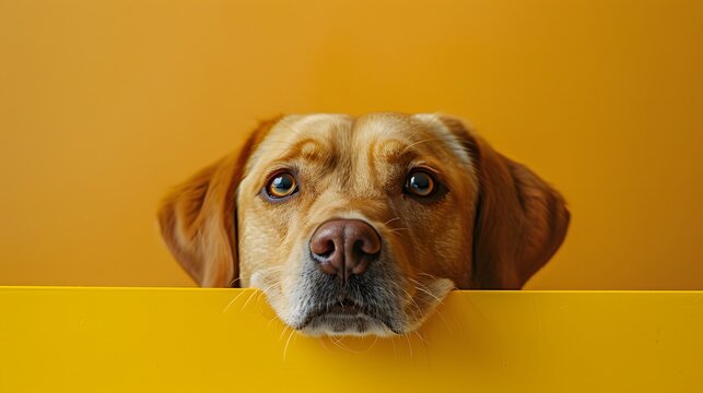 Cute Labrador retriever dog with soulful eyes posing against a yellow background. Perfect for pet-related content or advertisements.
