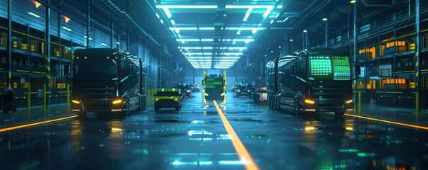 Autonomous trucks in a hightech warehouse, holographic data displays, neon green and blue lights, advanced logistics strategy, detailed 3D render, seamless automation