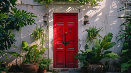 Fototapeta premium A red door with white around the edges, lanterns on both sides, and green plants in front.