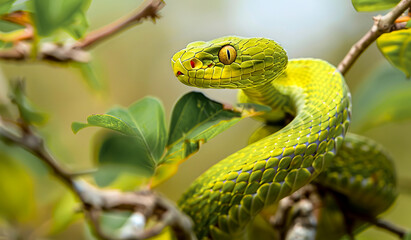 Close-up of an elegant lime green snake slithering through the branches.