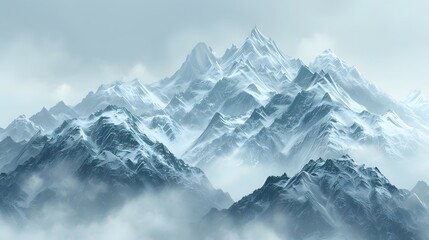 Snowy Mountain Peaks Emerging from the Mist